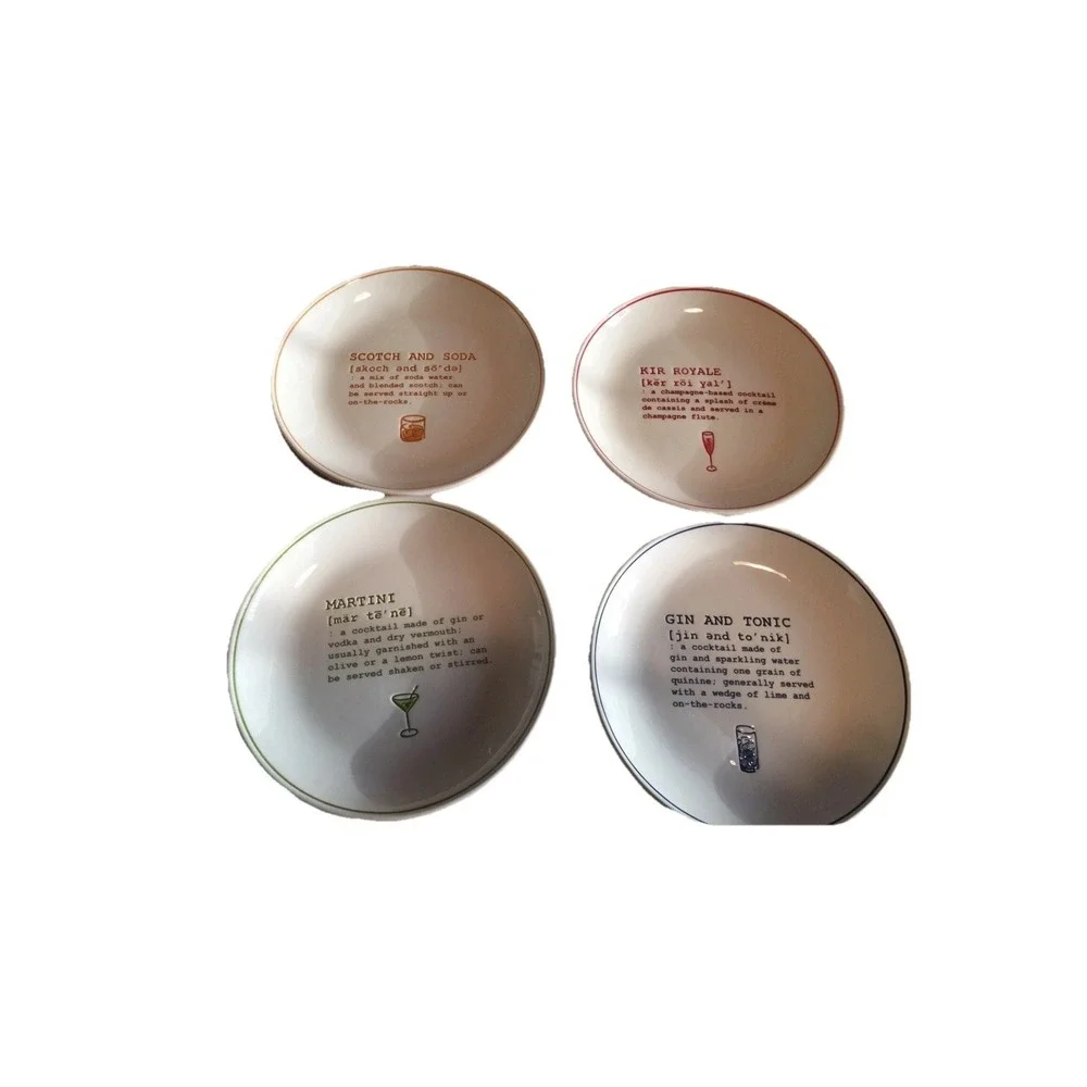 Pottery Barn Plates Set 4 Cocktails Defined Martini Scotch Gin Tonic Drinks New
